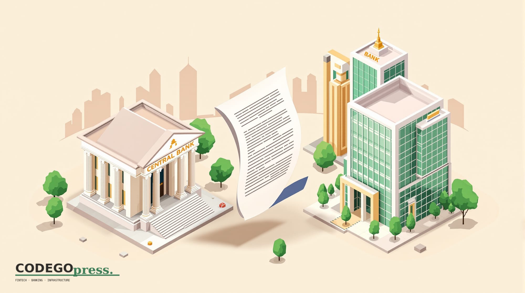 flat 3D isometric vector editorial illustration, banking-green primary (#1A6B43), cream background, gold and navy accents, so