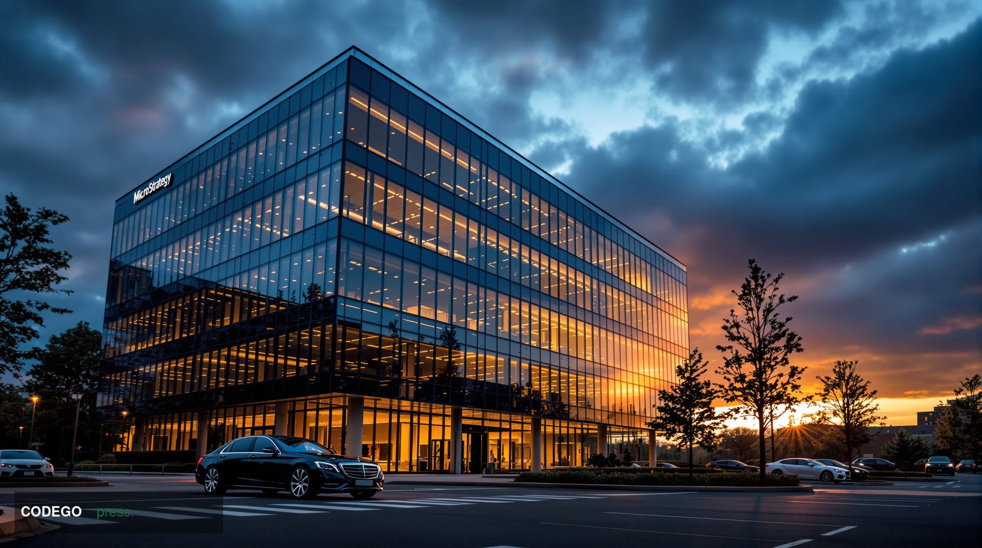 A cinematic editorial photograph showing the exterior of MicroStrategy's corporate headquarters in Tysons Corner, Virginia, c