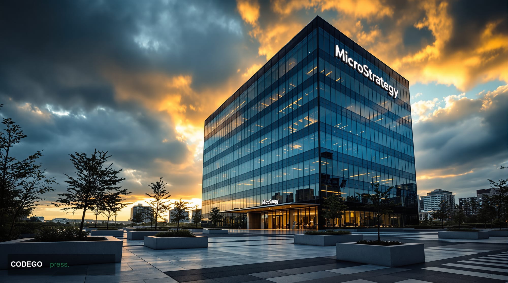 A photorealistic cinematic editorial photograph showing the MicroStrategy corporate headquarters building in Tysons Corner, V