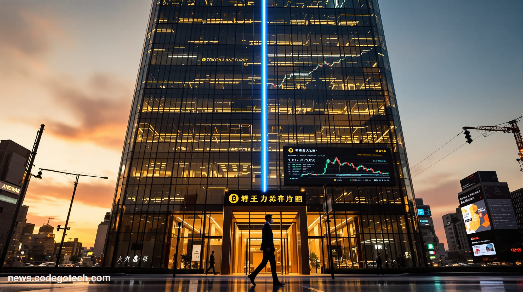 A modern Tokyo financial district skyline at golden hour, with sleek glass and steel banking towers dominating the compositio