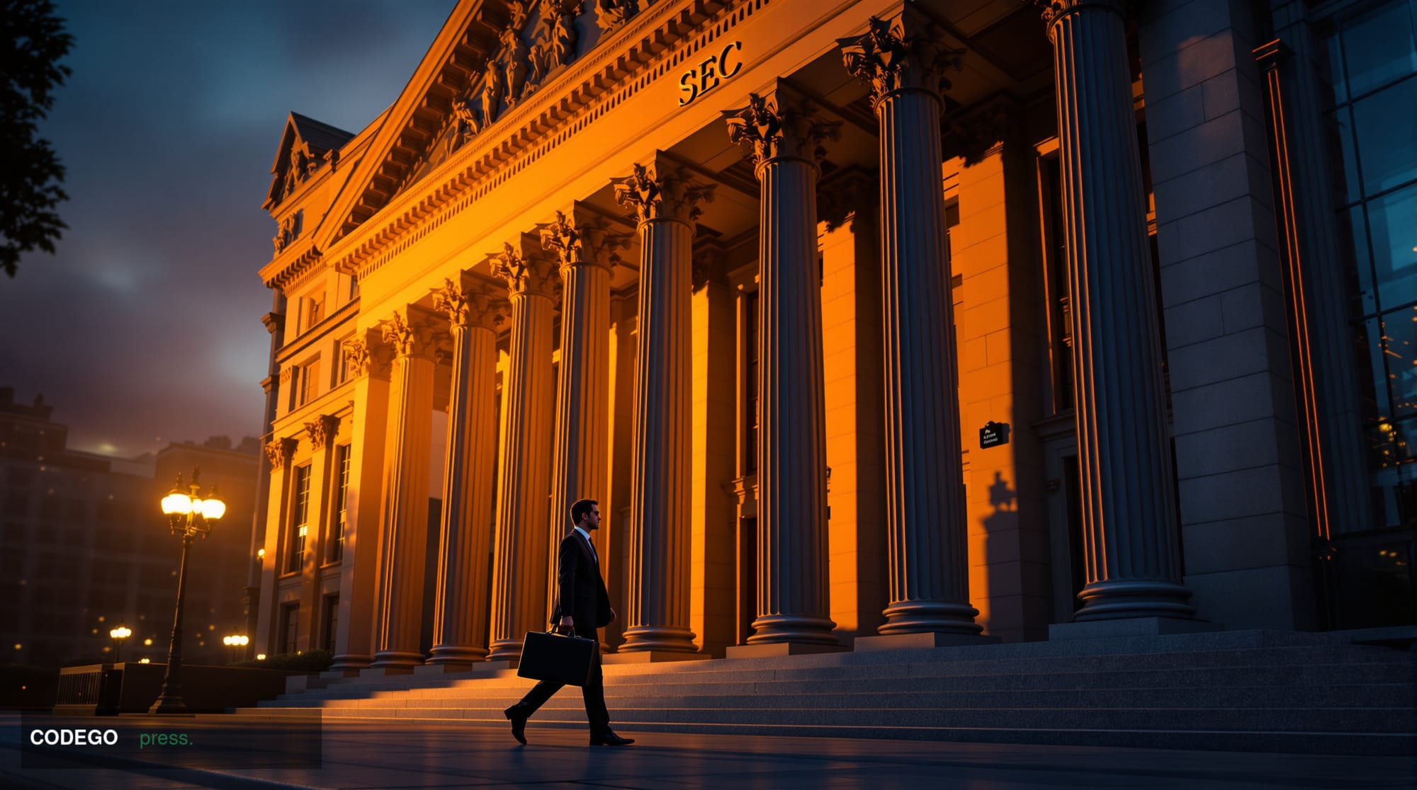 A photorealistic editorial photograph showing the SEC headquarters building in Washington D.C. during golden hour, with drama