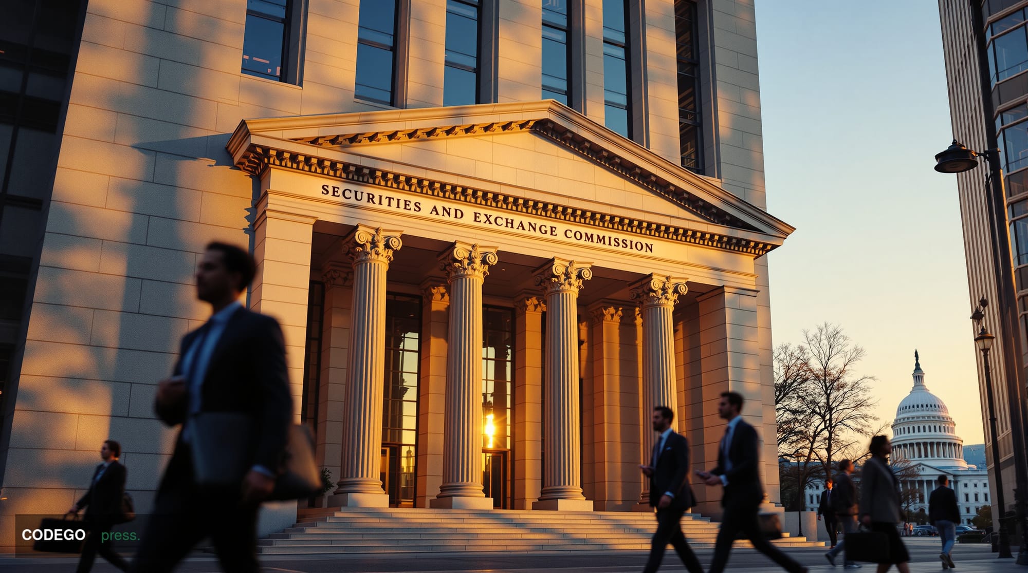 A photorealistic editorial photograph of the Securities and Exchange Commission headquarters building in Washington D.C., cap