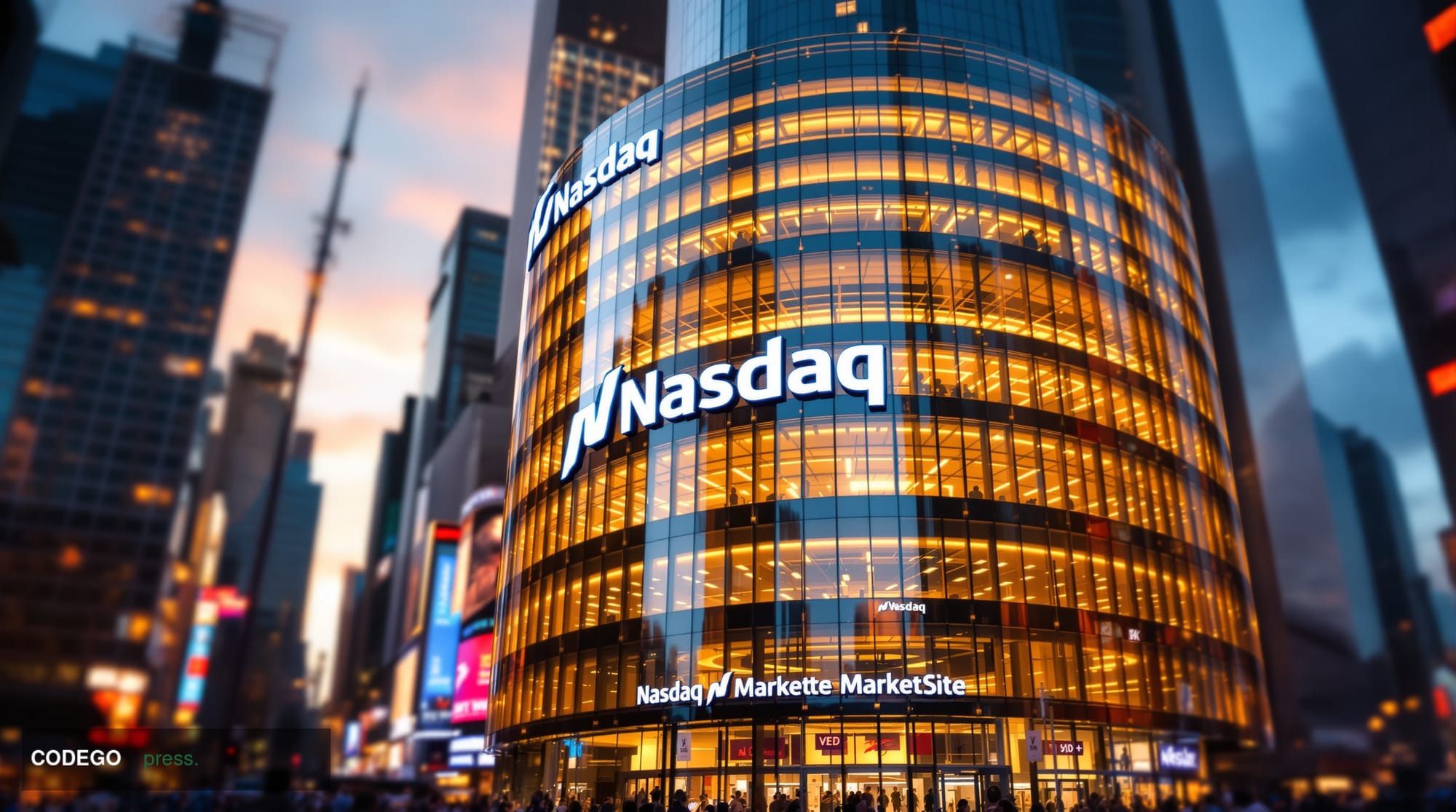 A photorealistic editorial photograph showing the iconic curved glass facade of the Nasdaq MarketSite building in Times Squar