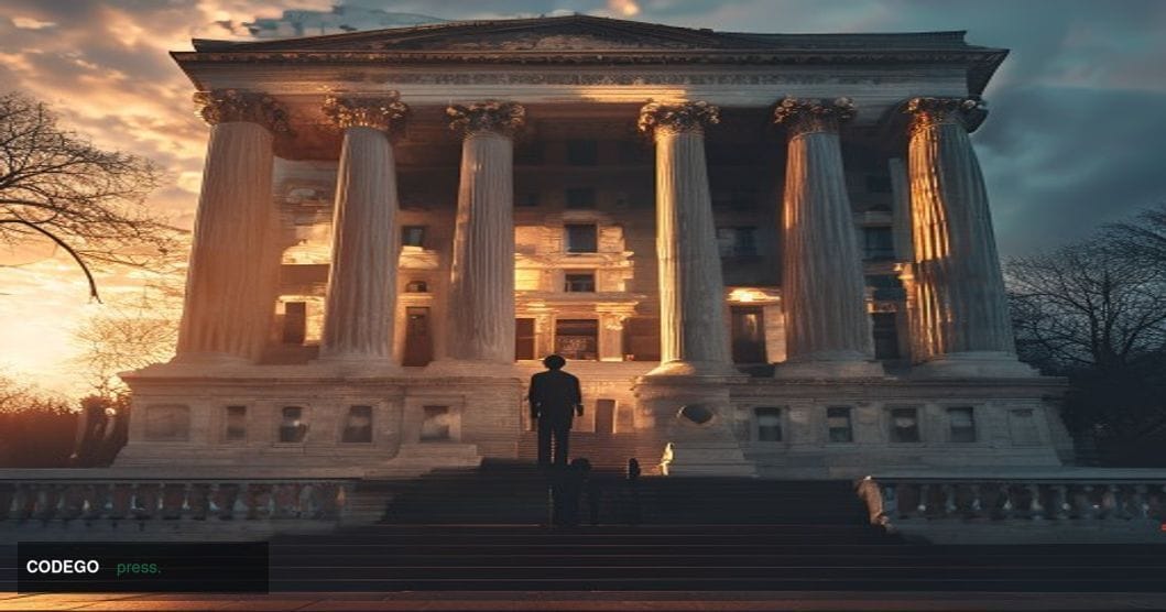 A cinematic editorial photograph of the SEC headquarters building in Washington D.C., specifically the iconic neoclassical fa