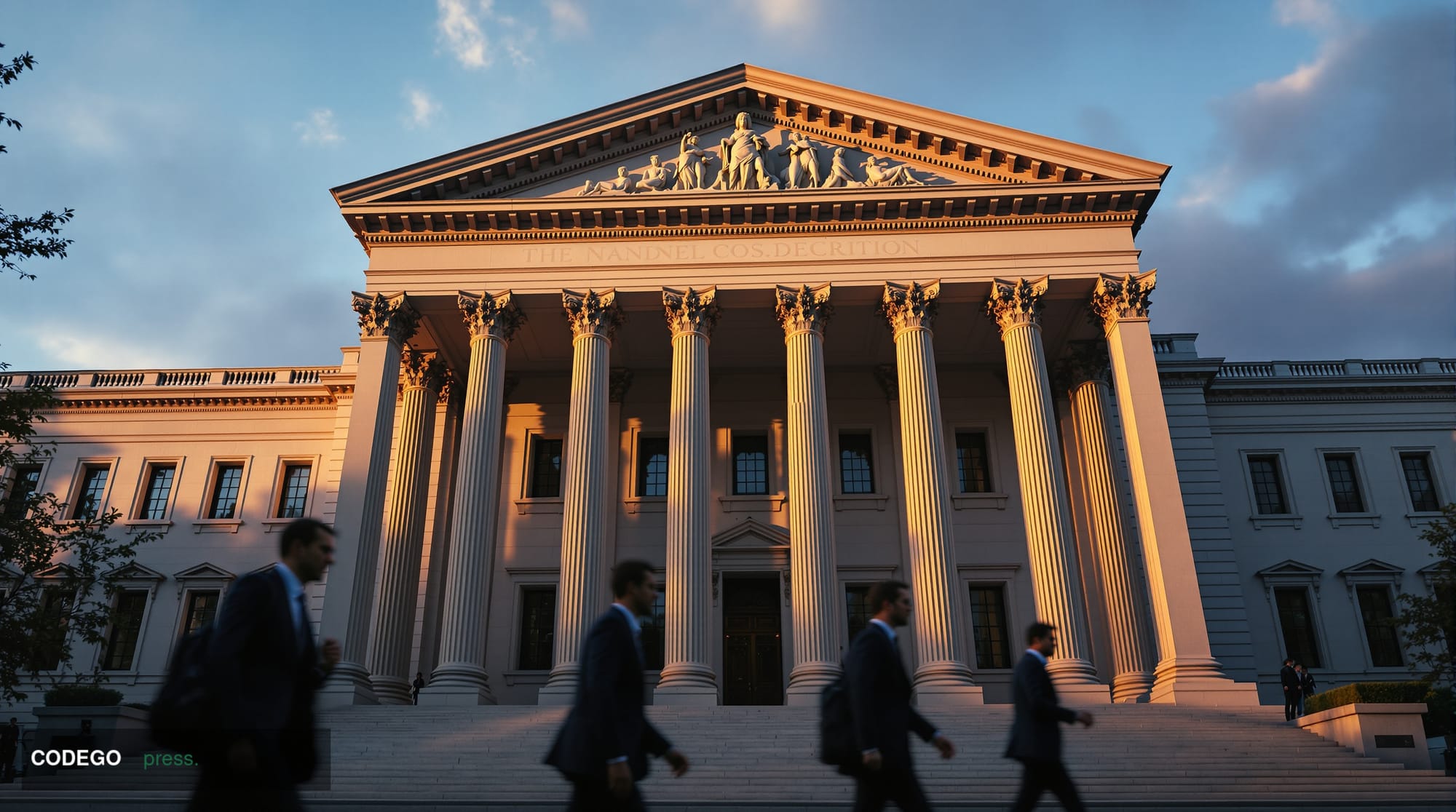 A photorealistic editorial photograph showing the imposing neoclassical facade of the SEC headquarters building in Washington
