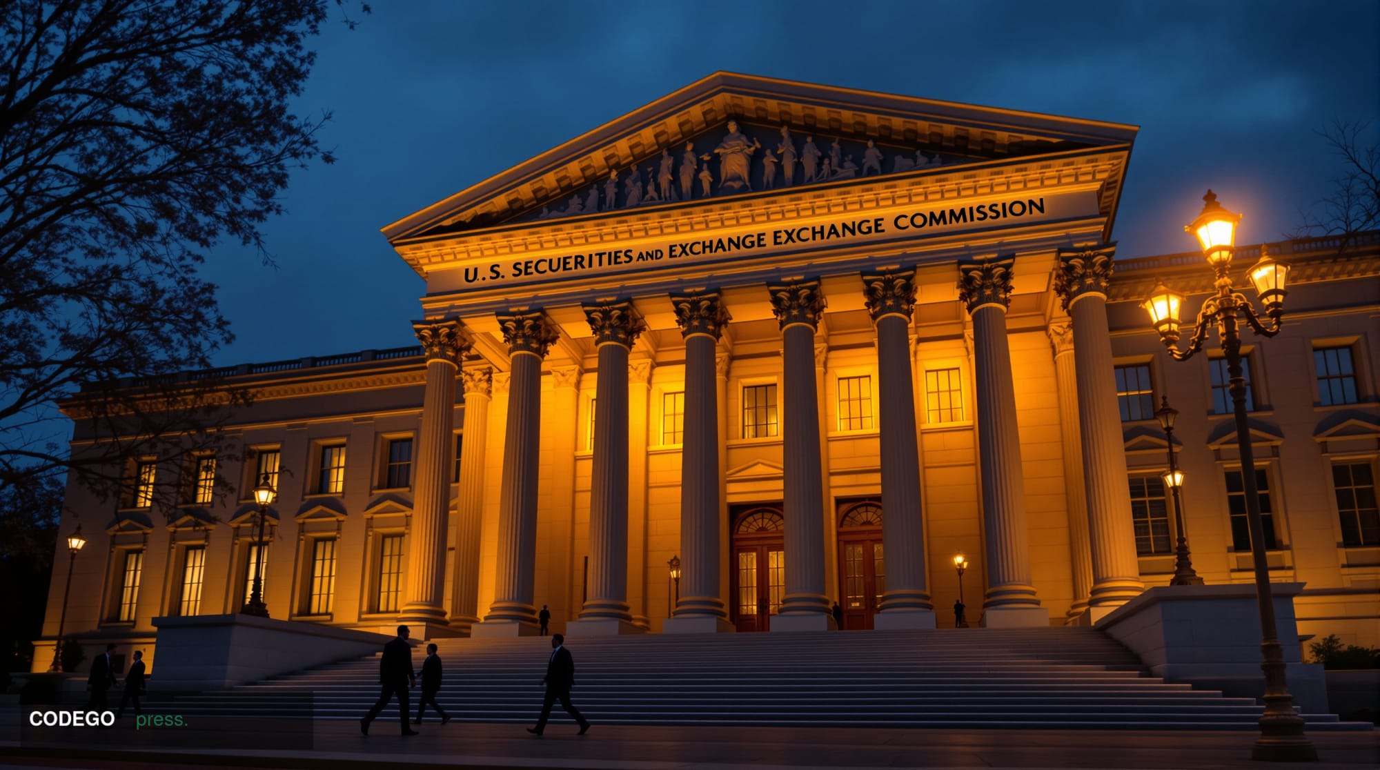 A dramatic exterior shot of the SEC headquarters building in Washington D.C. at dusk, with the imposing neoclassical architec