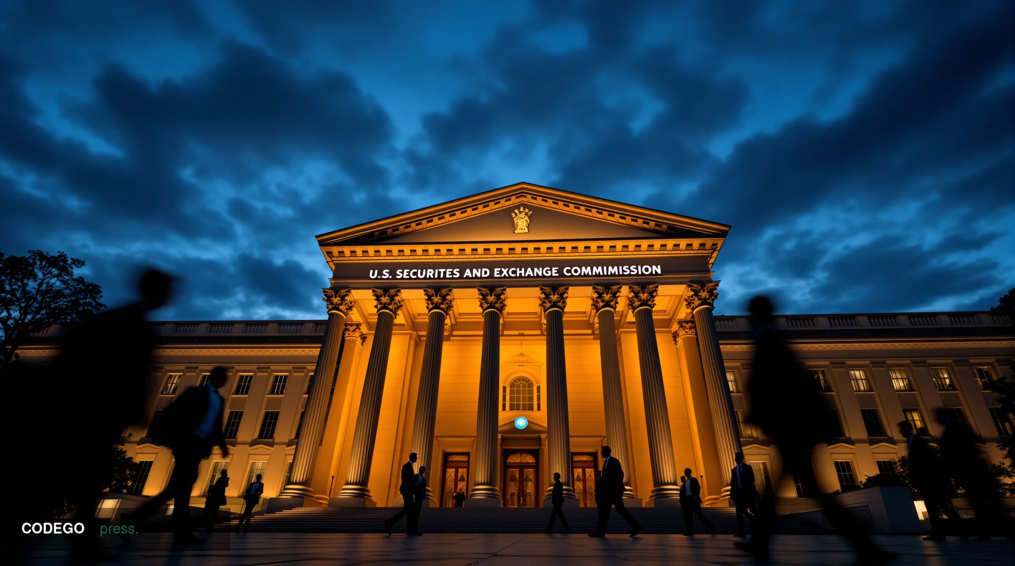 A dramatic editorial photograph of the SEC headquarters building in Washington DC, captured during golden hour with warm ambe