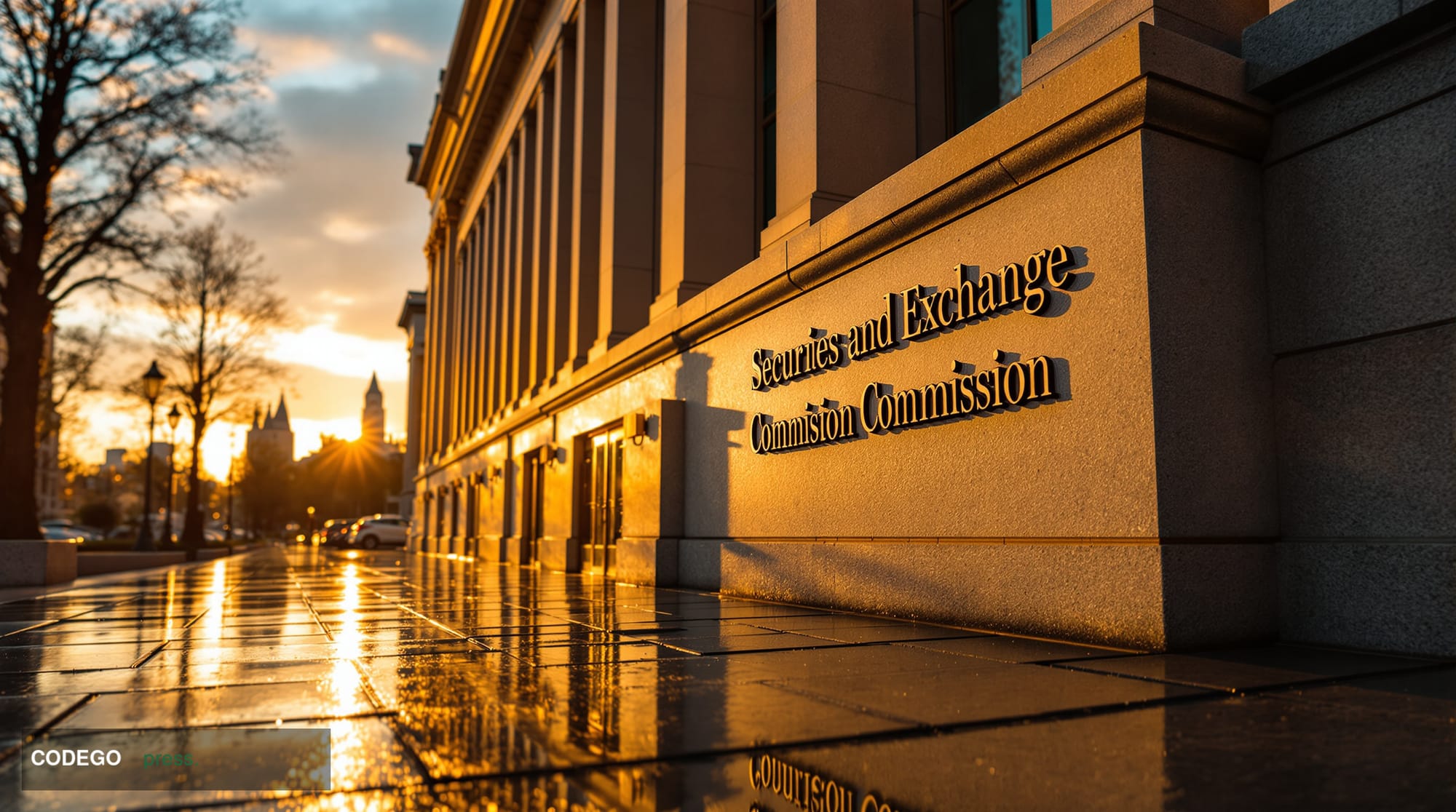 A cinematic editorial photograph capturing the SEC headquarters building in Washington D.C. at golden hour, with dramatic chi