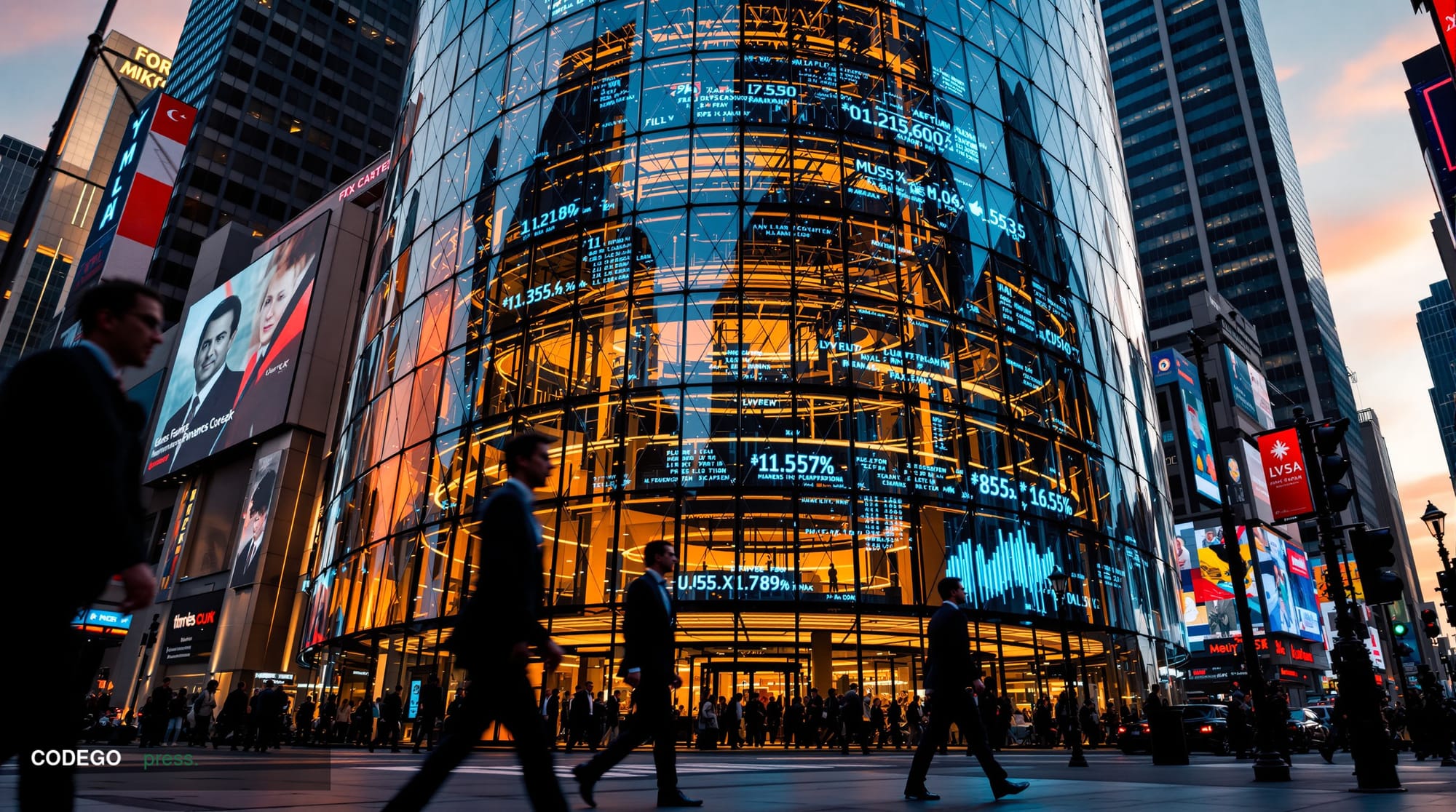 A cinematic editorial photograph capturing the intersection of traditional finance and cryptocurrency innovation. The scene s