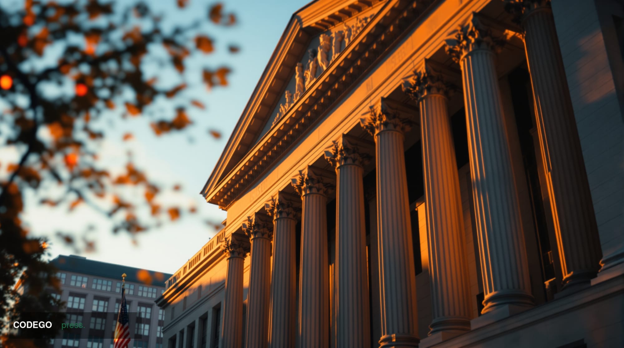 A dramatic editorial photograph of the SEC headquarters building in Washington DC, shot during golden hour with warm amber su