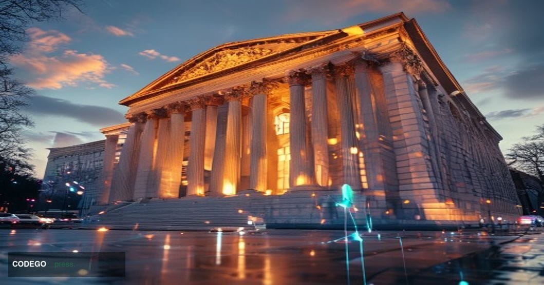 A cinematic photorealistic view of the SEC headquarters building in Washington DC at golden hour, with the imposing neoclassi