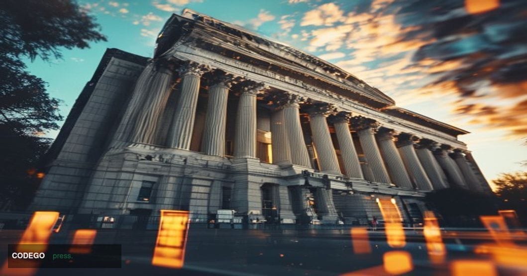 A cinematic editorial photograph of the Securities and Exchange Commission headquarters building in Washington D.C. at golden