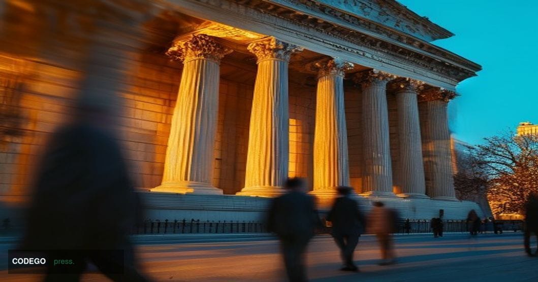 A cinematic photorealistic editorial photograph showing the imposing neoclassical facade of the SEC headquarters building in 