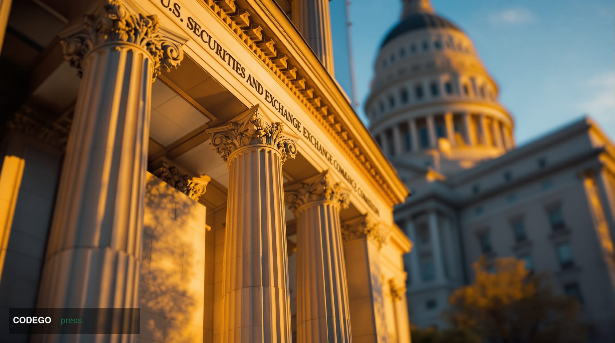 A cinematic editorial photograph showcasing the imposing neoclassical facade of the <a href="https://www.sec.gov" target="_bl