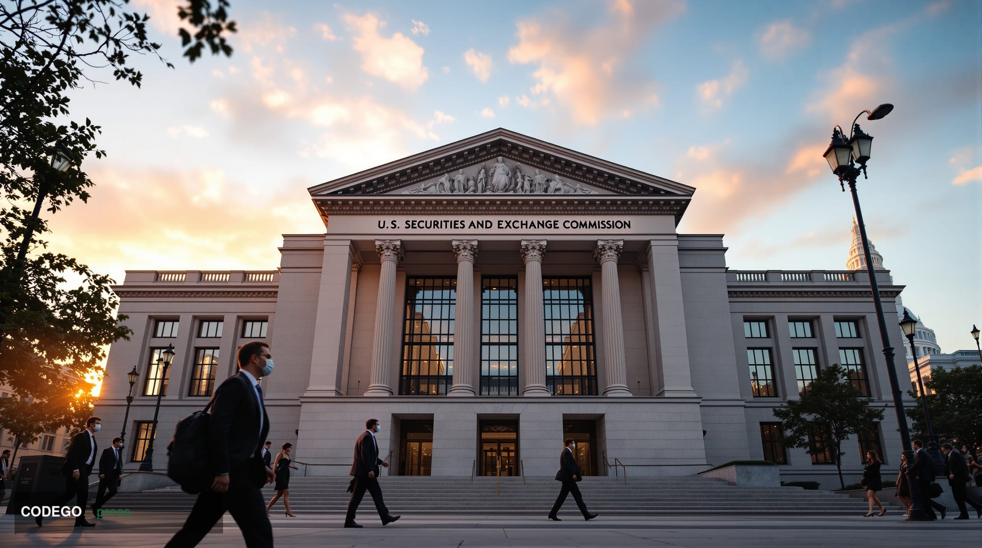 A photorealistic editorial photograph of the SEC headquarters building in Washington D.C., captured during golden hour with d