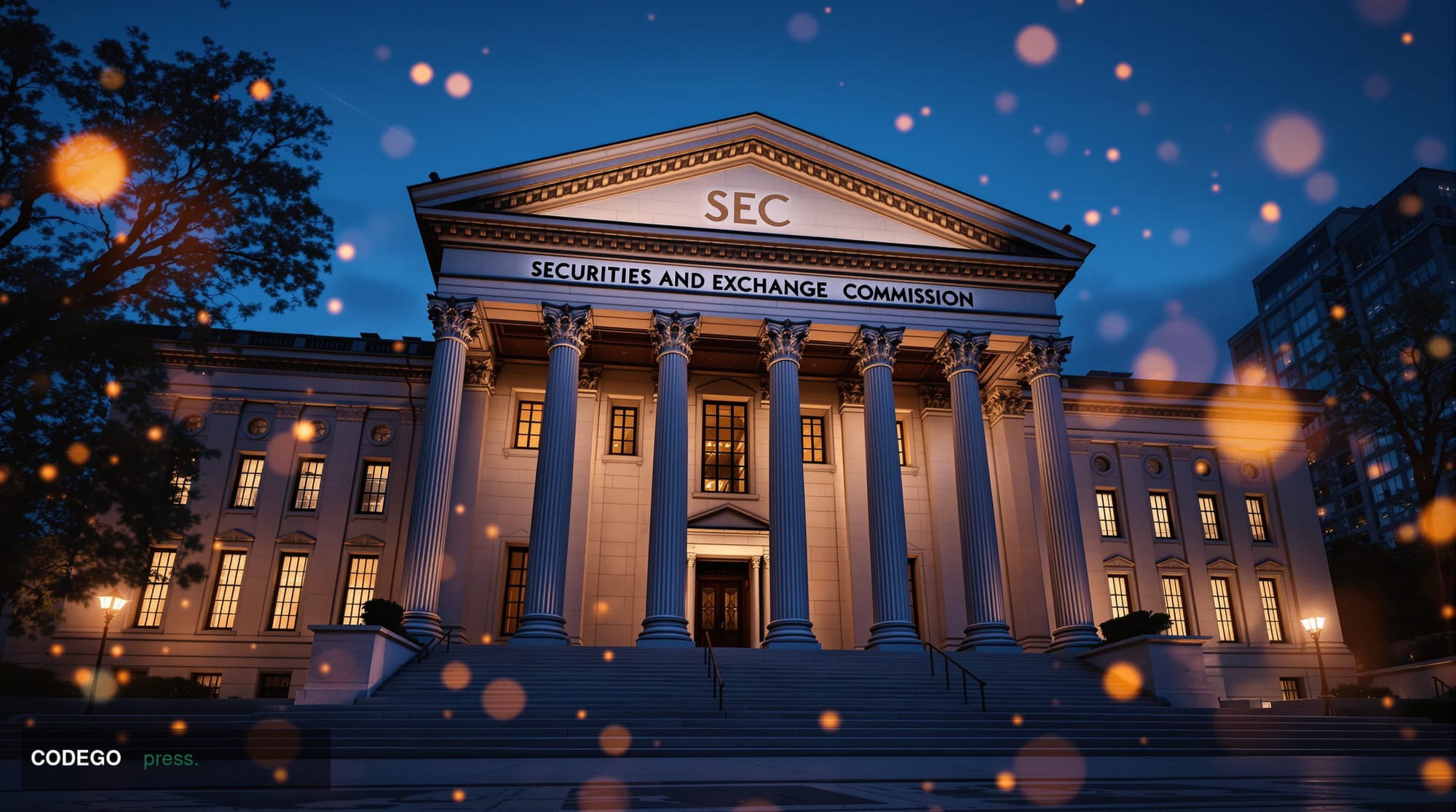 A photorealistic editorial photograph of the SEC headquarters building in Washington D.C. at twilight, shot from a low angle 