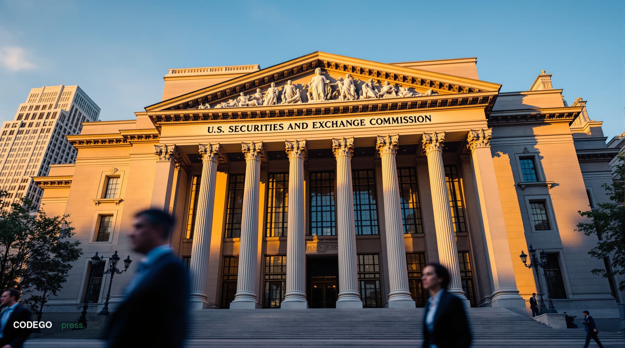 A photorealistic editorial photograph showing the imposing neoclassical facade of the SEC headquarters building in Washington