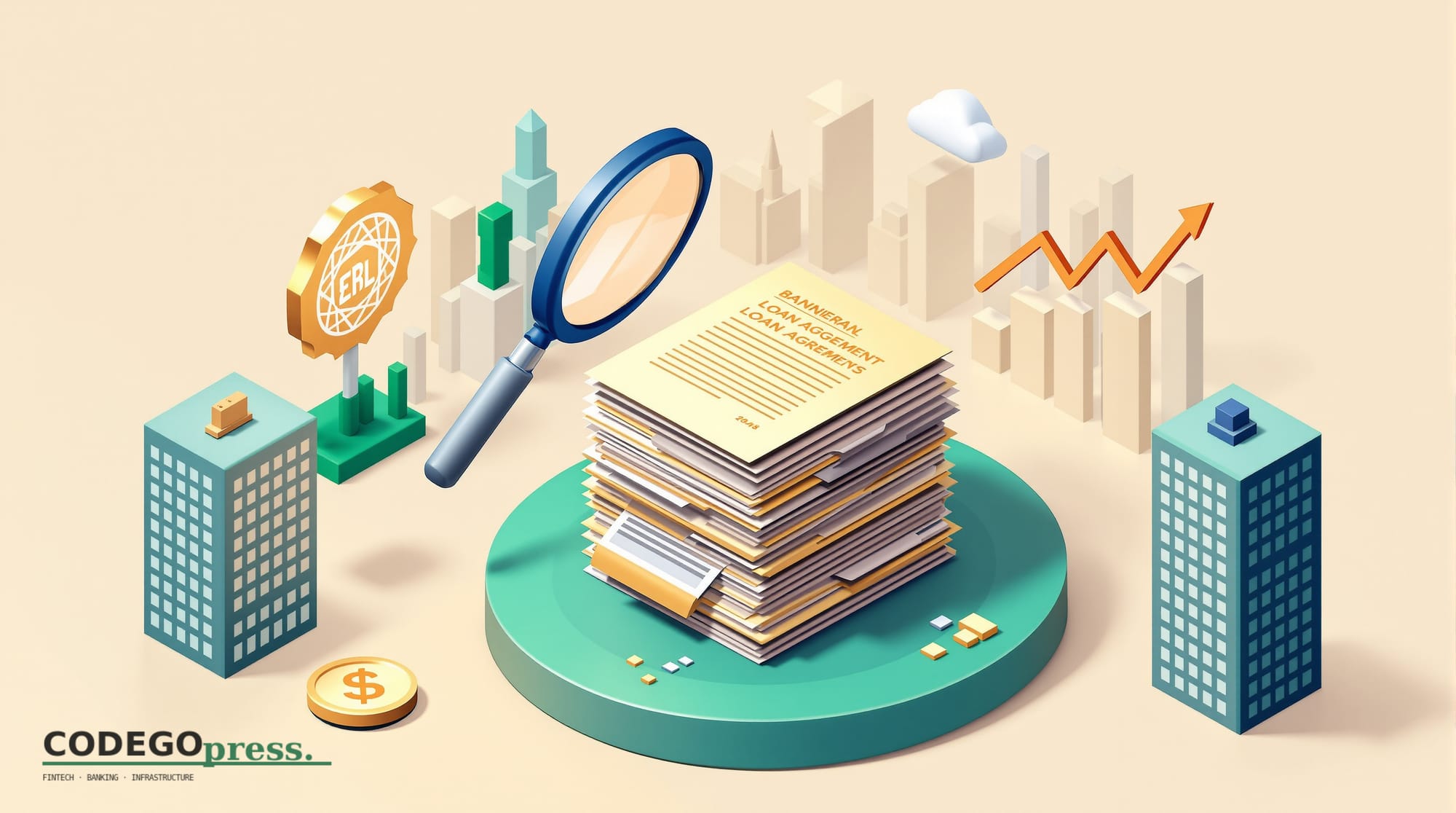 Flat 3D isometric vector editorial illustration in banking-green (#1A6B43) primary with cream background, gold and navy accen