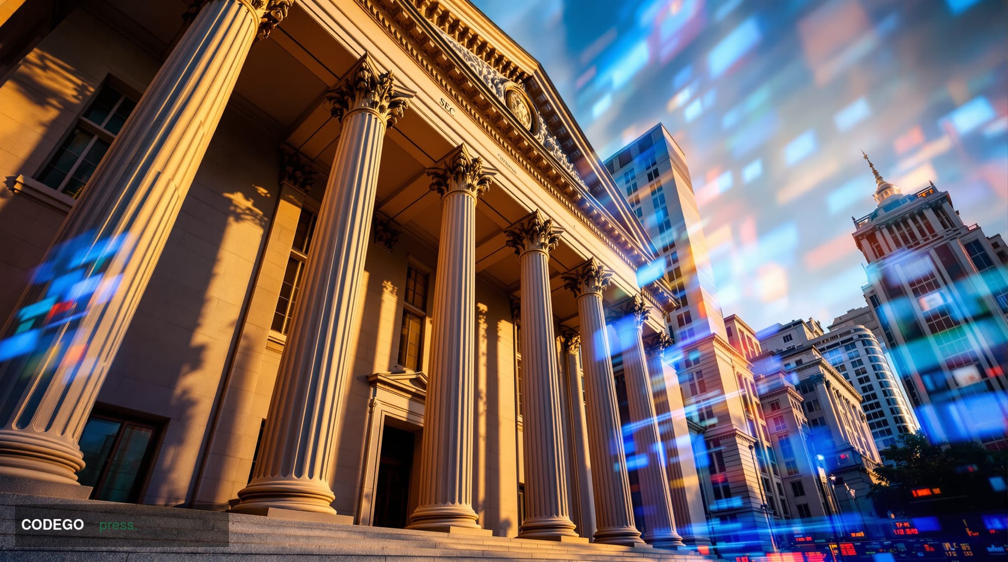 A dramatic wide-angle photograph of the Securities and Exchange Commission headquarters building in Washington D.C., captured