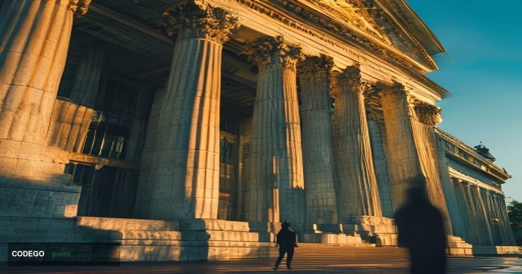 A cinematic editorial photograph showing the imposing facade of the SEC headquarters building in Washington DC, shot from a l