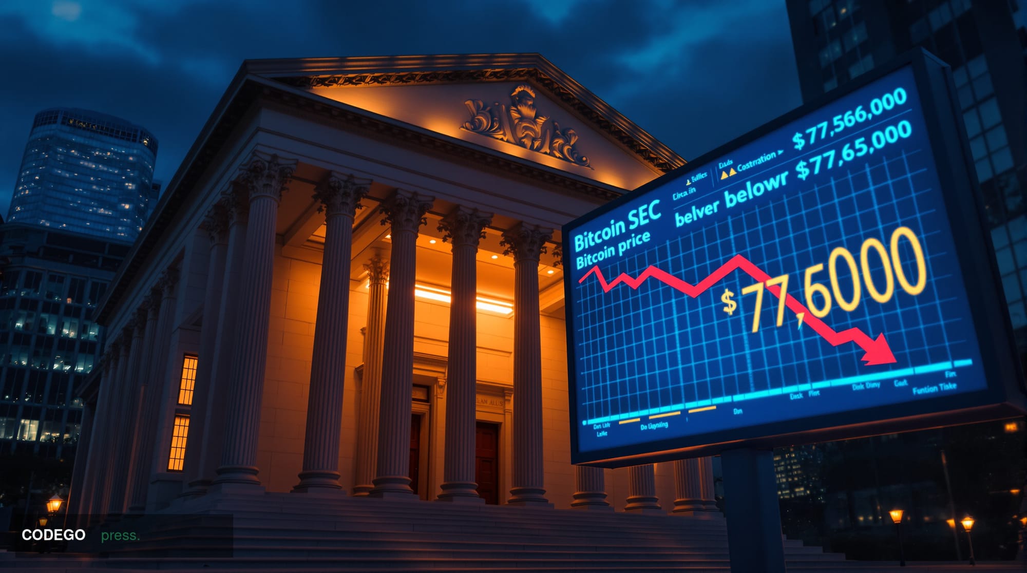 A dramatic photorealistic editorial photograph capturing the intersection of traditional finance and cryptocurrency regulatio
