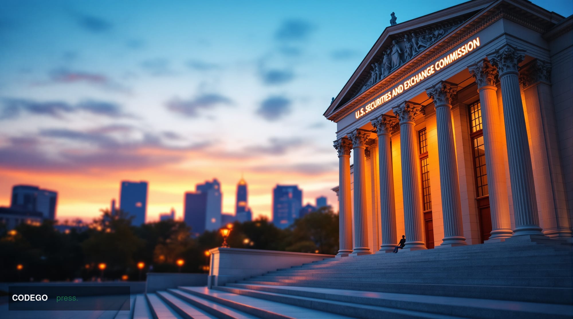 A photorealistic editorial photograph of the SEC headquarters building in Washington D.C., captured during golden hour with d