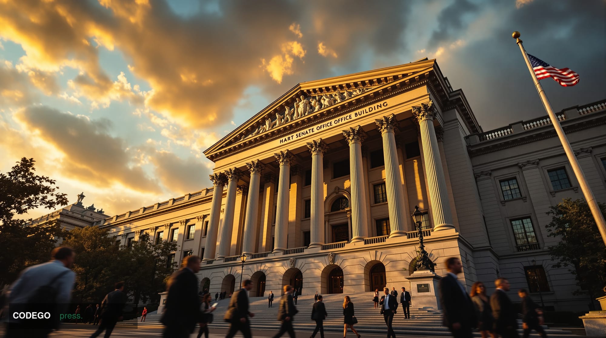 A cinematic editorial photograph of the Hart Senate Office Building in Washington DC, capturing the imposing neoclassical fac