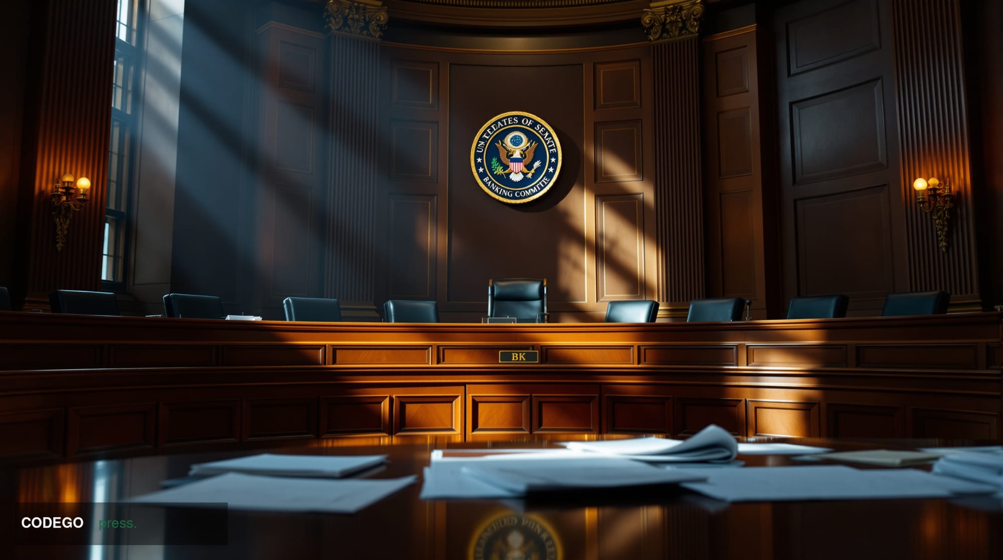 A photorealistic editorial photograph of the United States Senate Banking Committee hearing room in the Hart Senate Office Bu