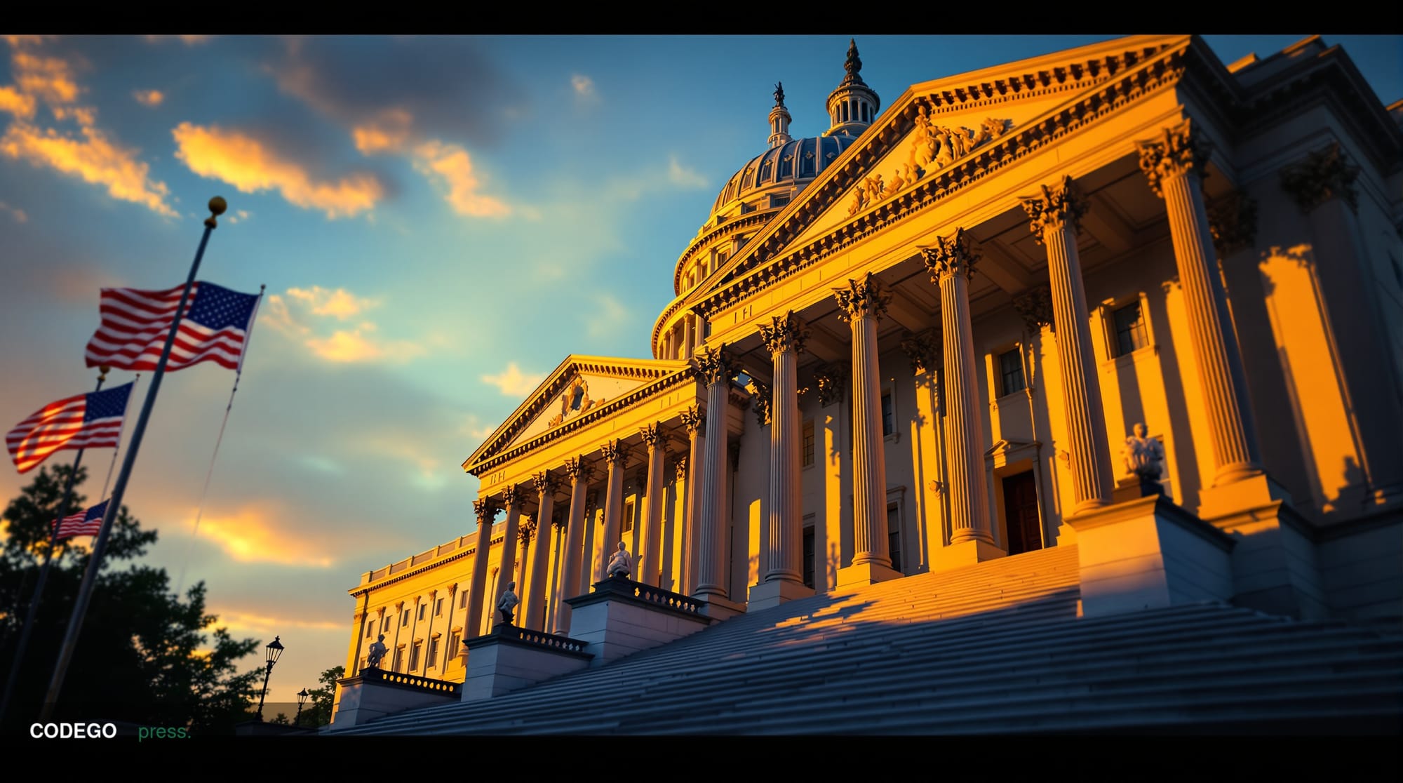 Cinematic editorial photograph of the United States Capitol building's Senate wing at golden hour, with dramatic chiaroscuro 