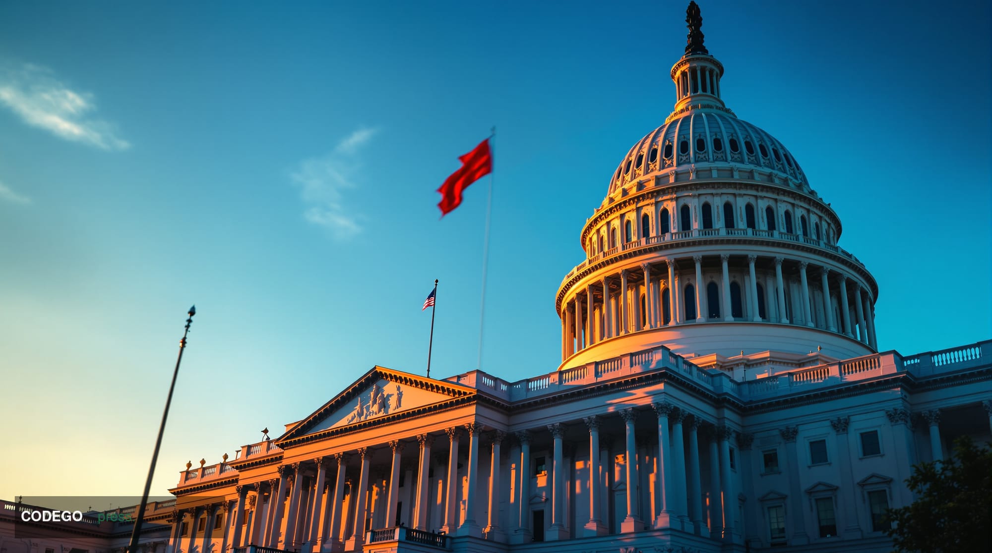 A cinematic editorial photograph of the United States Capitol building's iconic dome and neoclassical architecture shot from 