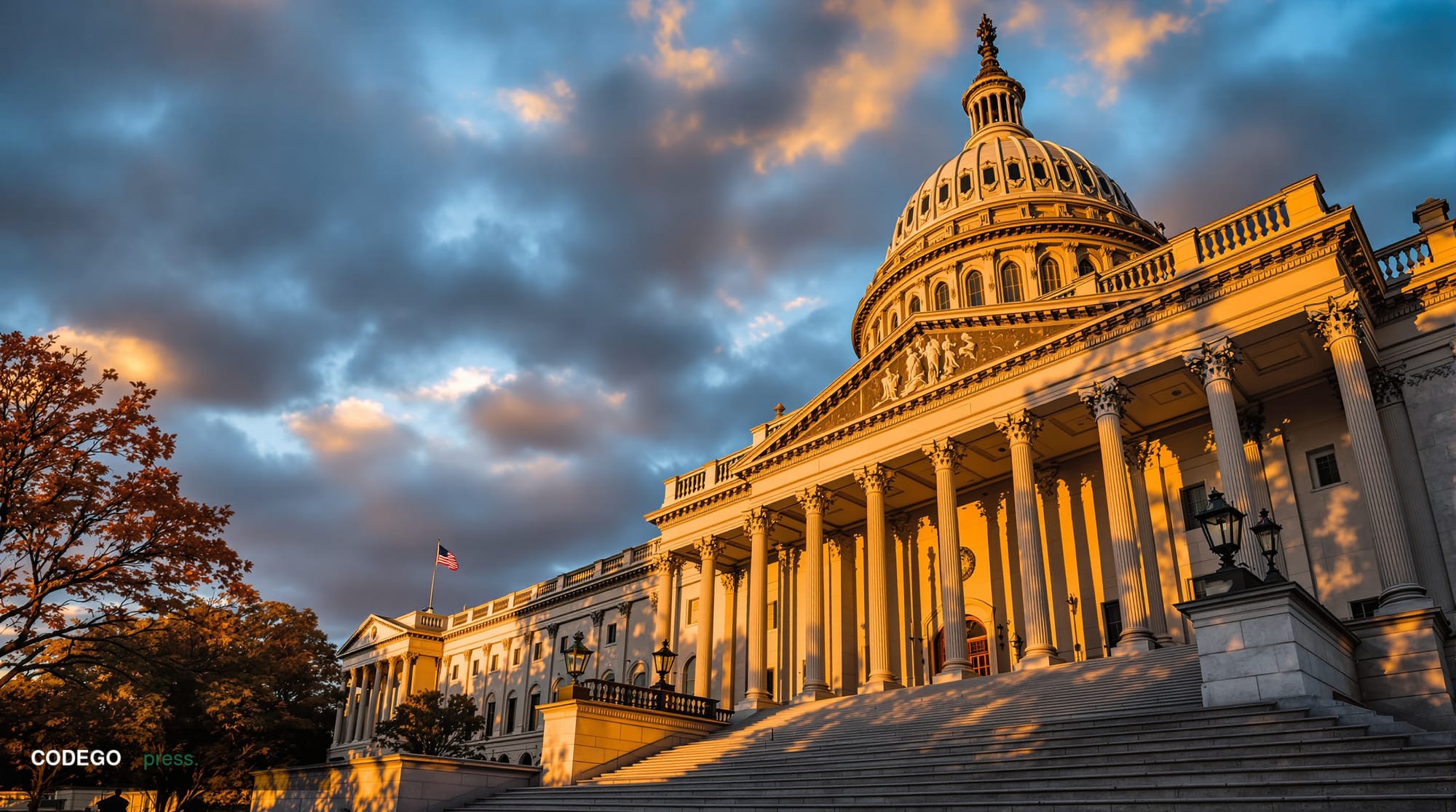 A dramatic photorealistic editorial photograph capturing the U.S. Capitol building's iconic dome and neoclassical architectur