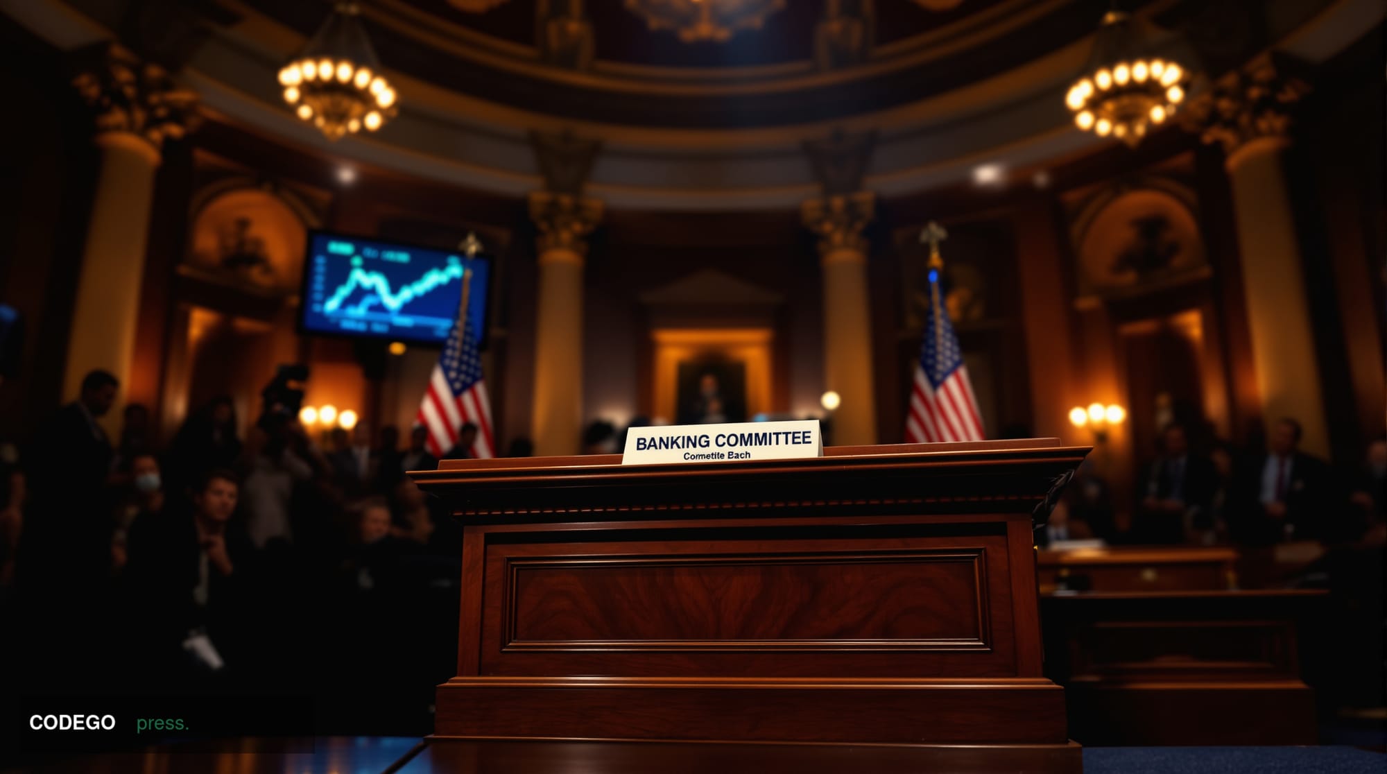 A photorealistic editorial photograph capturing the US Senate Banking Committee hearing room during a pivotal moment, shot fr
