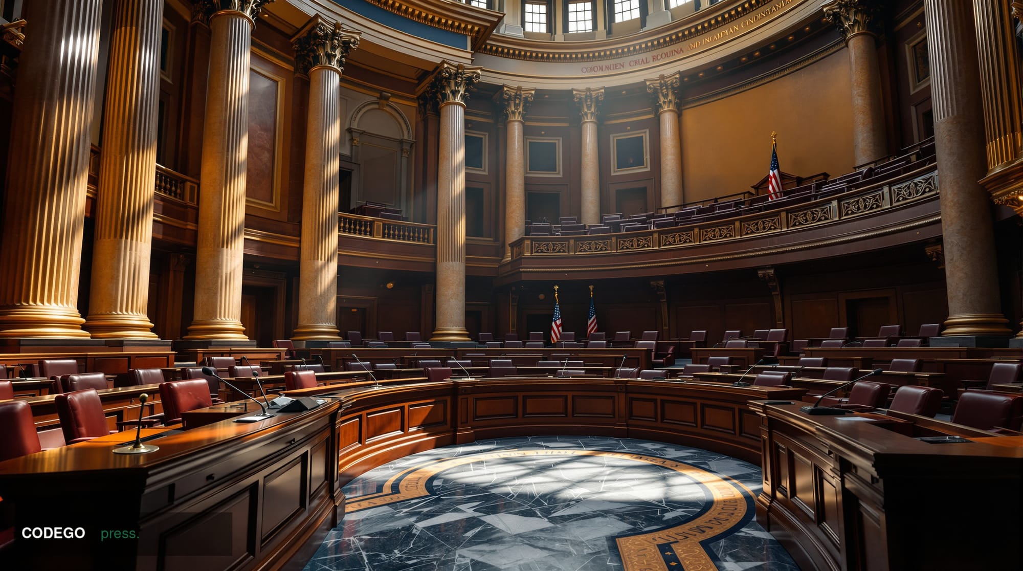 A dramatic photorealistic editorial photograph of the Hart Senate Office Building in Washington DC, specifically the Senate B