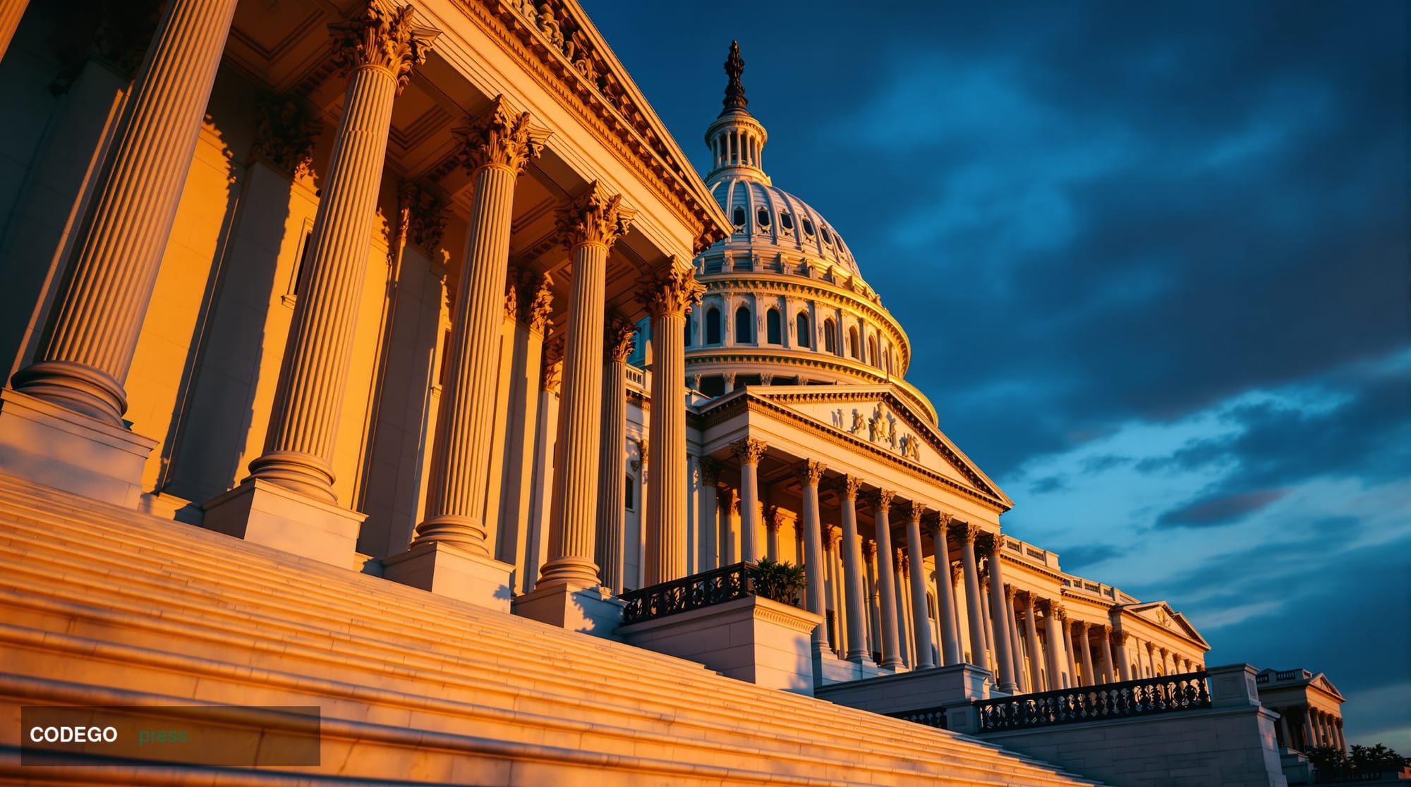 A photorealistic editorial photograph of the United States Capitol building's iconic dome and neoclassical architecture durin