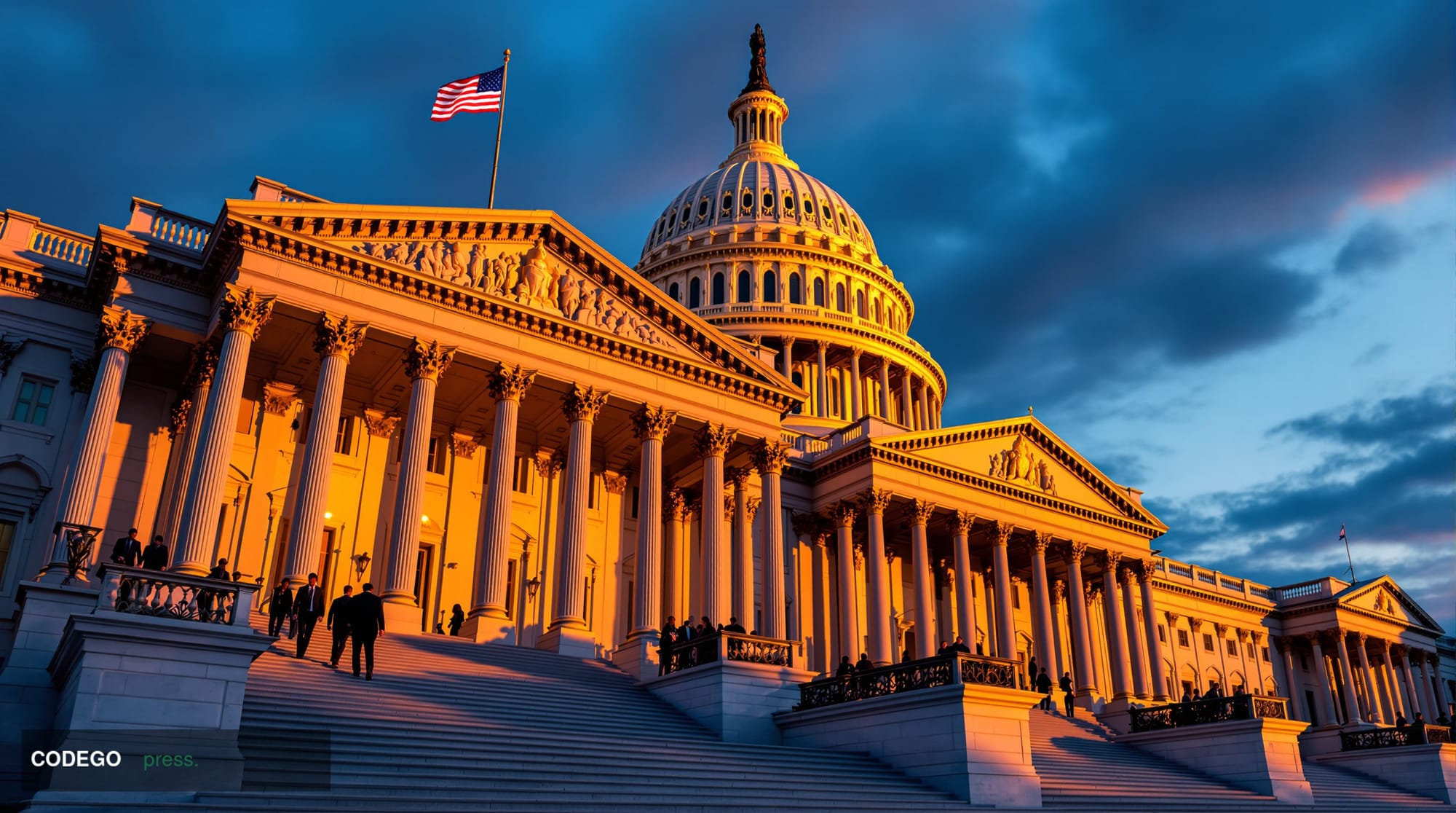 A dramatic photorealistic editorial photograph of the United States Capitol Building's Senate side at golden hour, shot from 