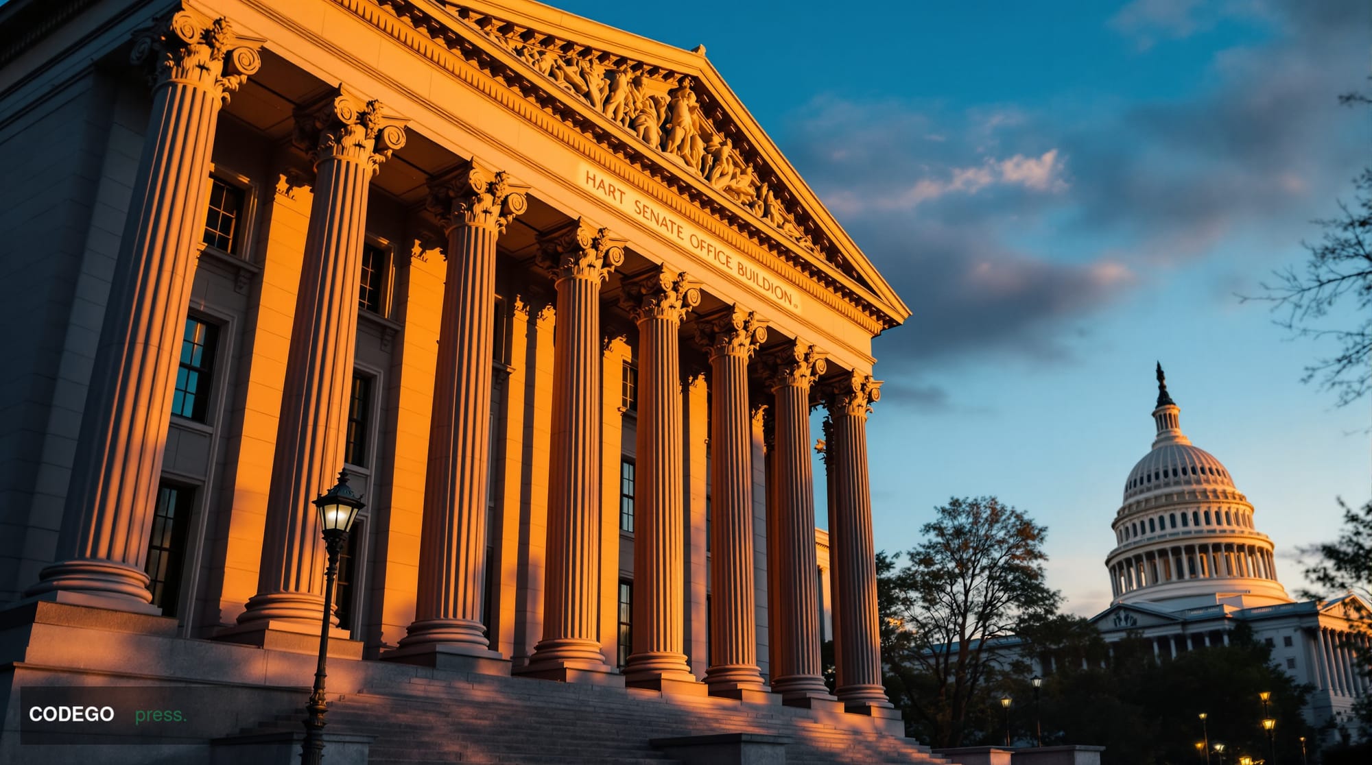 A cinematic editorial photograph of the imposing Hart Senate Office Building in Washington D.C., captured during golden hour 