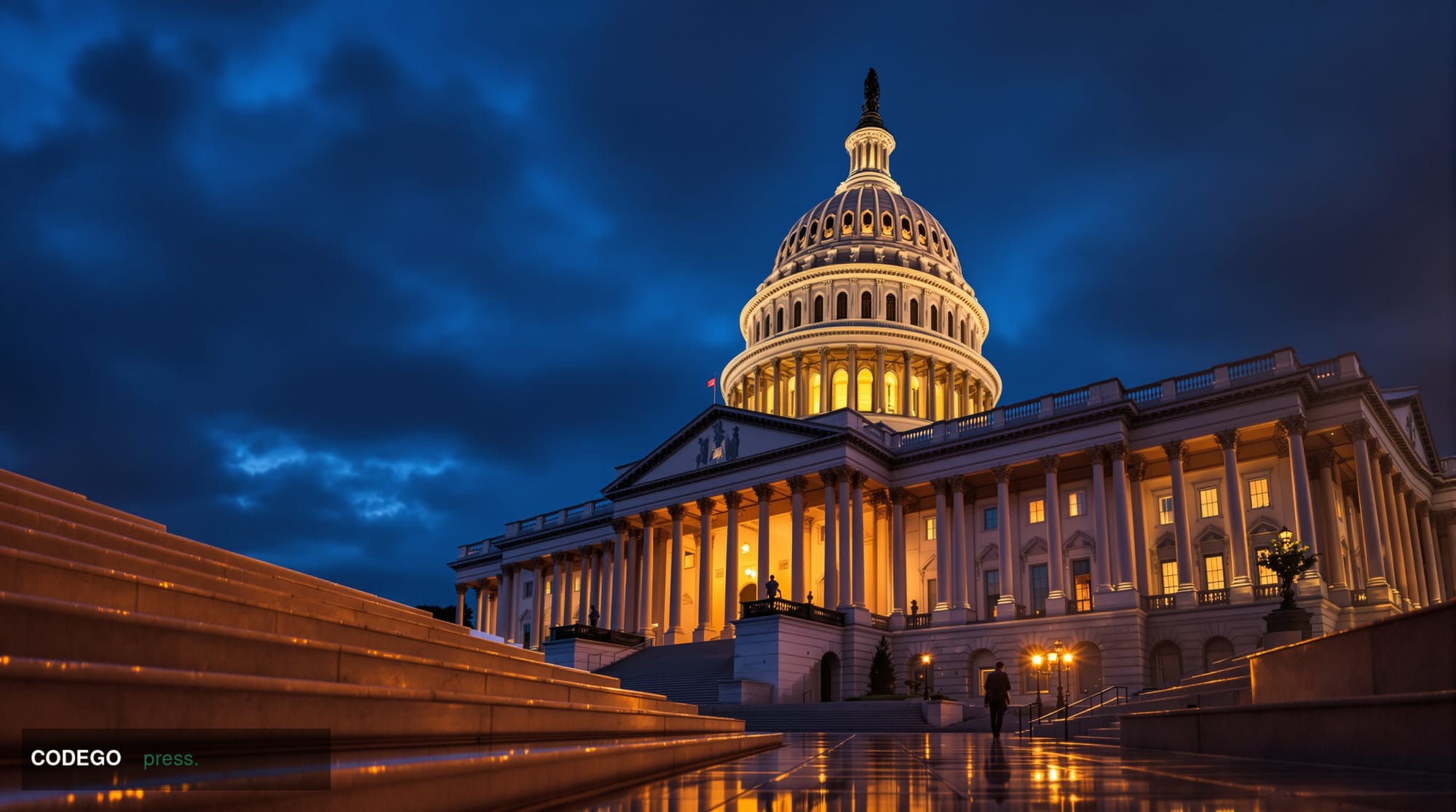 A cinematic editorial photograph of the United States Capitol building's iconic dome and neoclassical architecture, shot from
