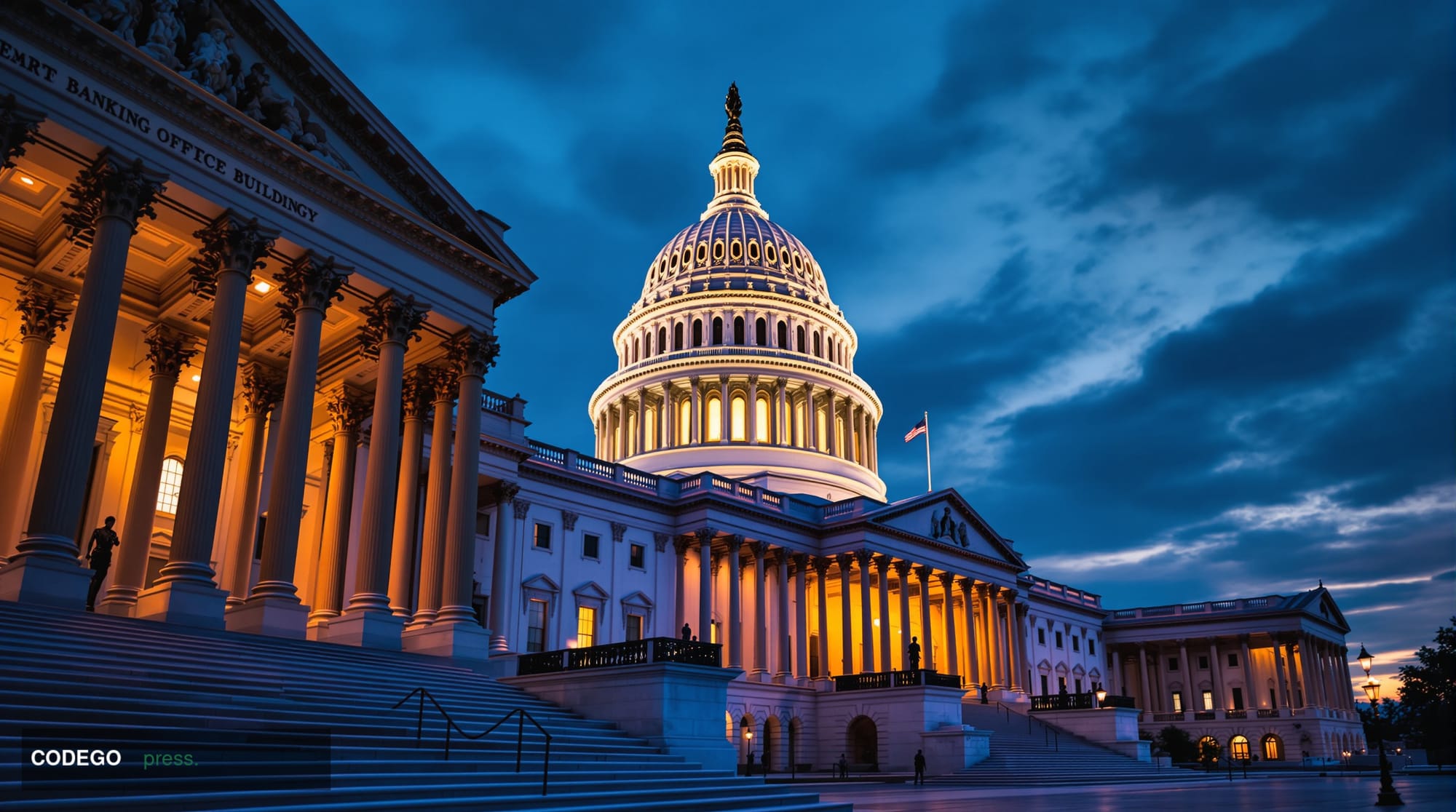 A dramatic wide-angle photograph of the United States Capitol building at dusk, with warm golden light illuminating the iconi