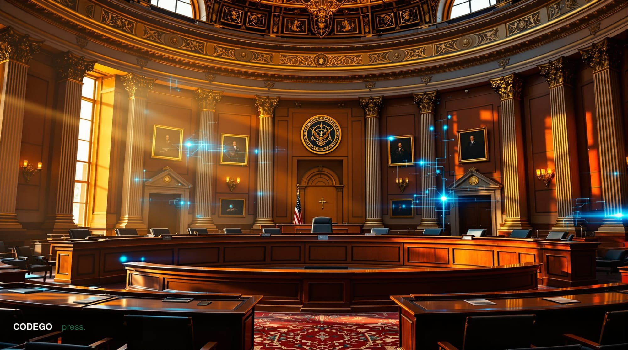 A dramatic wide-angle photograph of the United States Senate Banking Committee hearing room in the Hart Senate Office Buildin