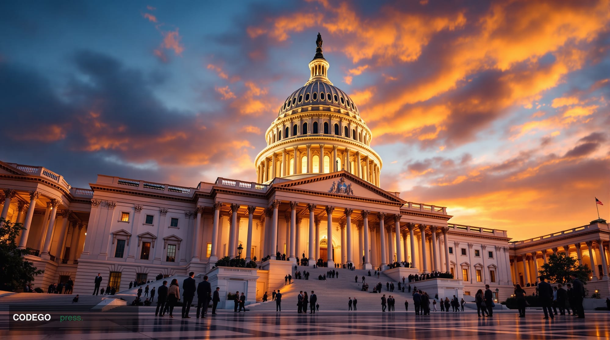 A dramatic wide-angle photograph of the United States Capitol building's iconic dome and neoclassical architecture, shot duri