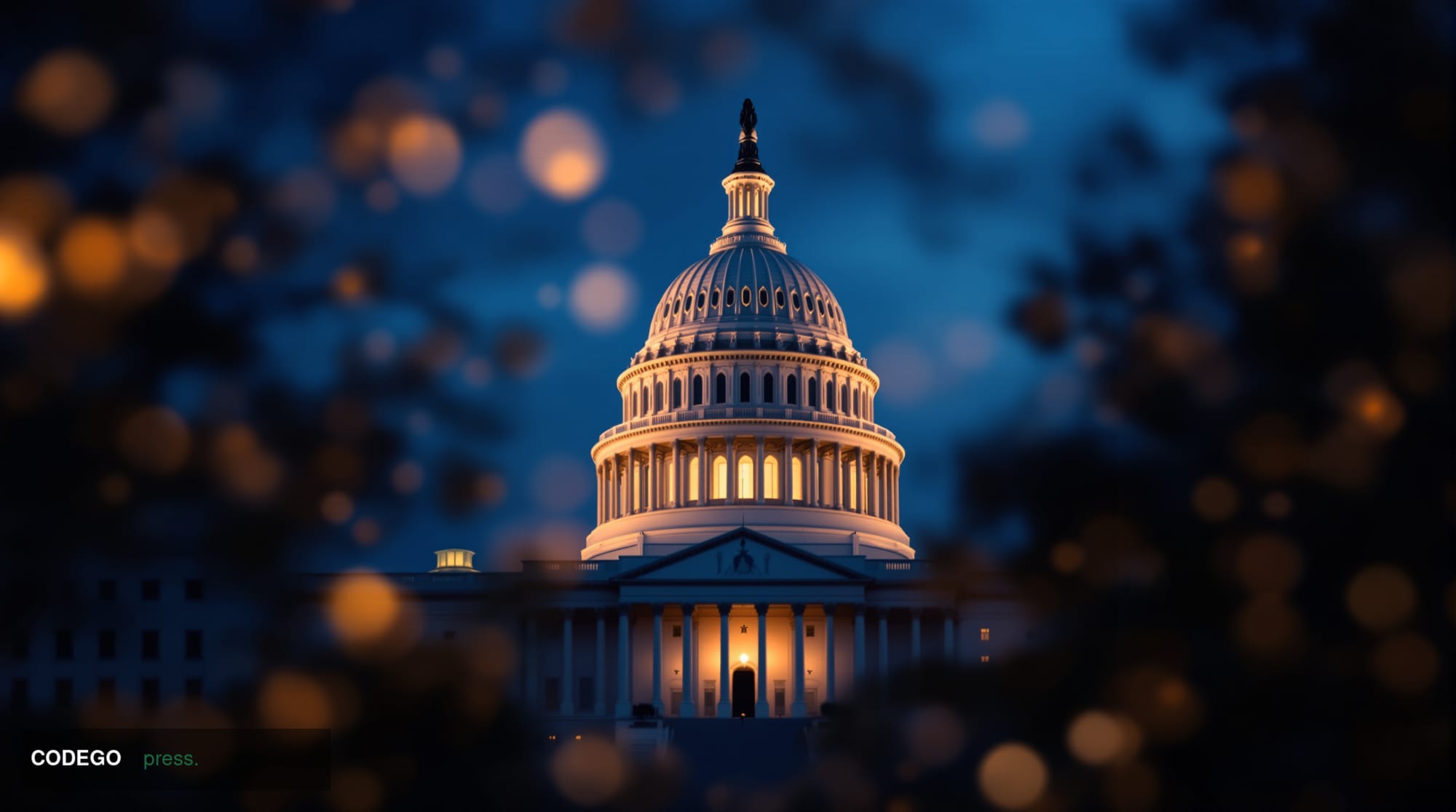 A cinematic editorial photograph of the United States Capitol building's iconic dome and neoclassical facade, photographed fr
