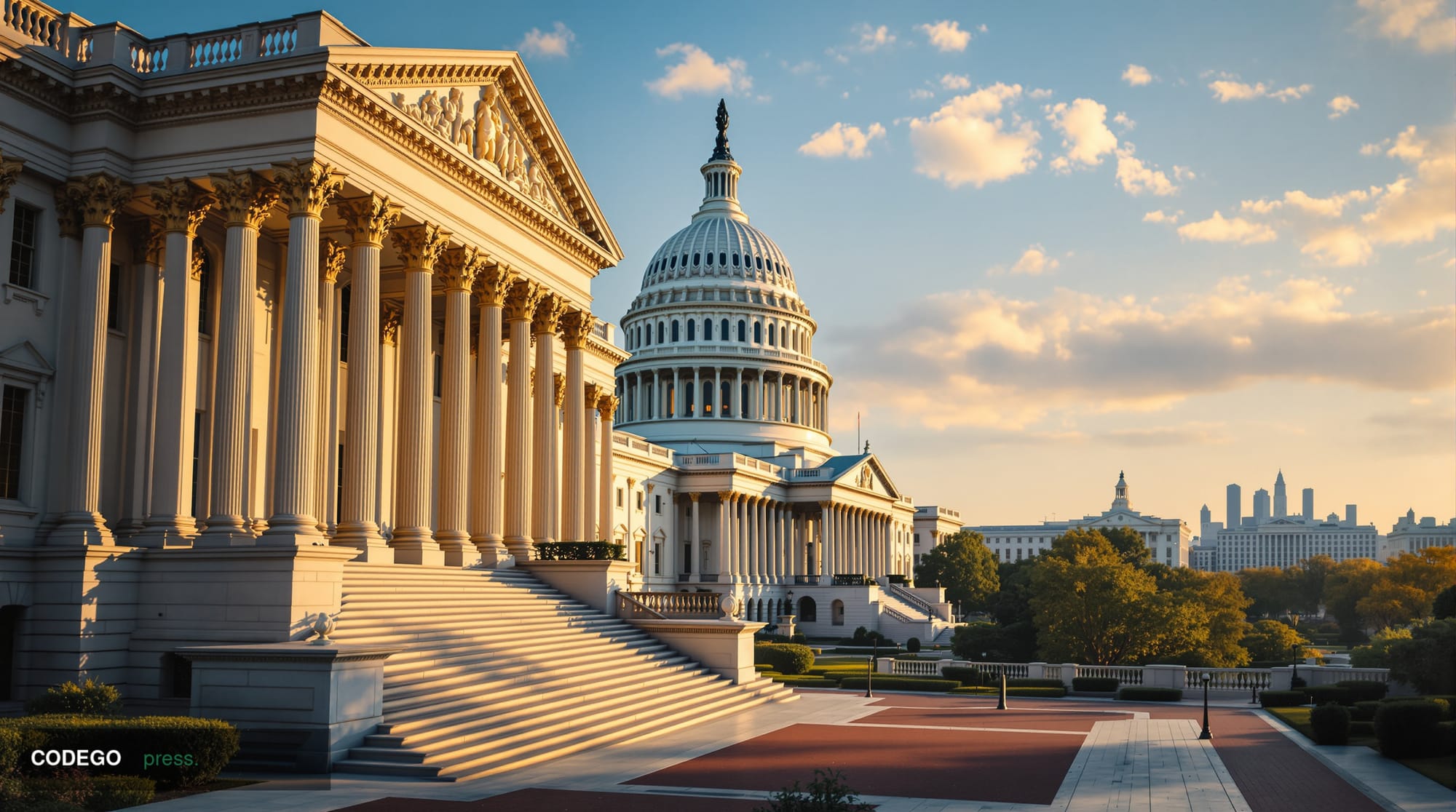 Photorealistic editorial photograph of the U.S. Capitol building's iconic dome and neoclassical architecture shot from a low 