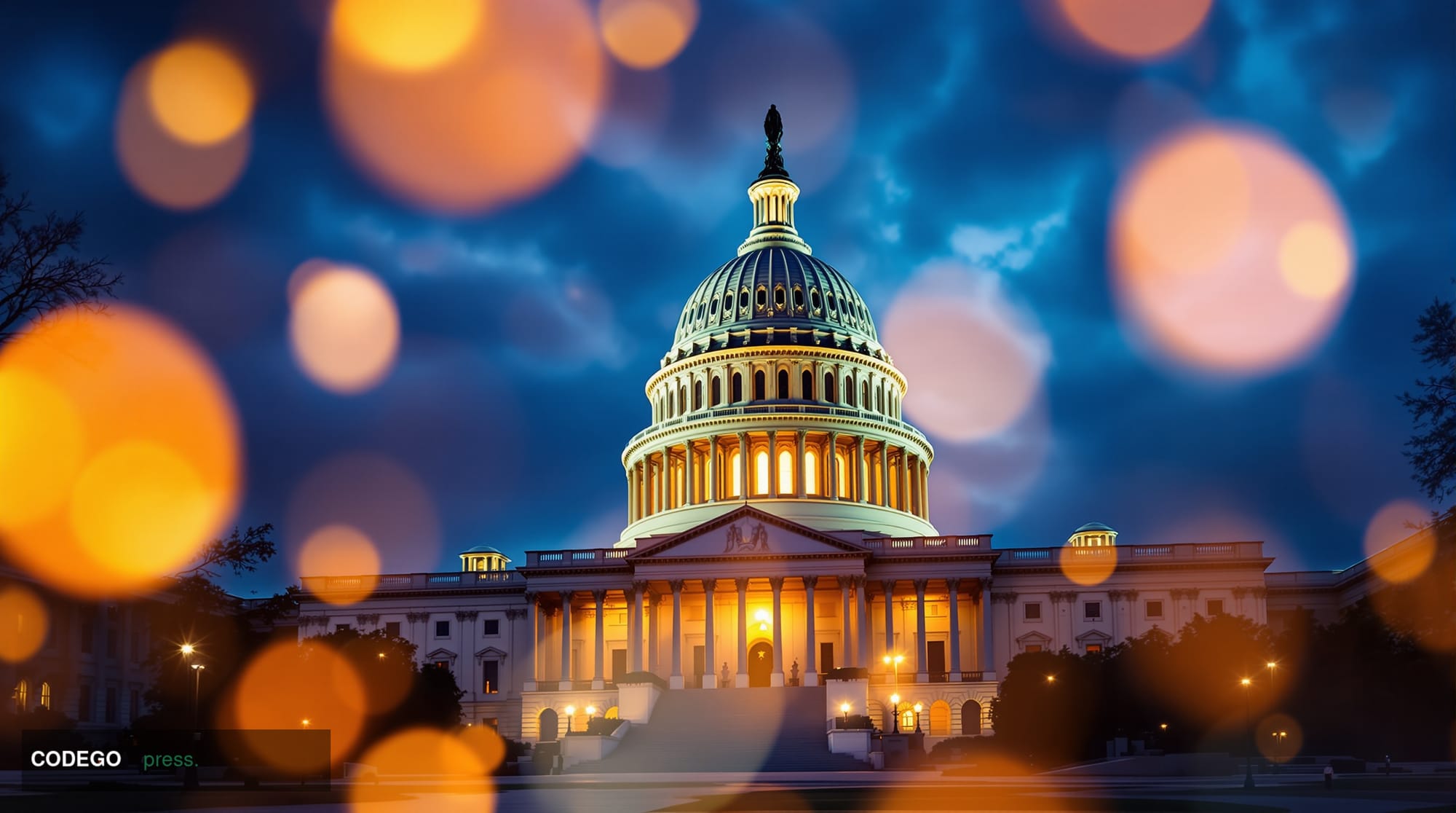 A dramatic wide-angle photograph of the United States Capitol building at dusk, with warm golden hour lighting illuminating t