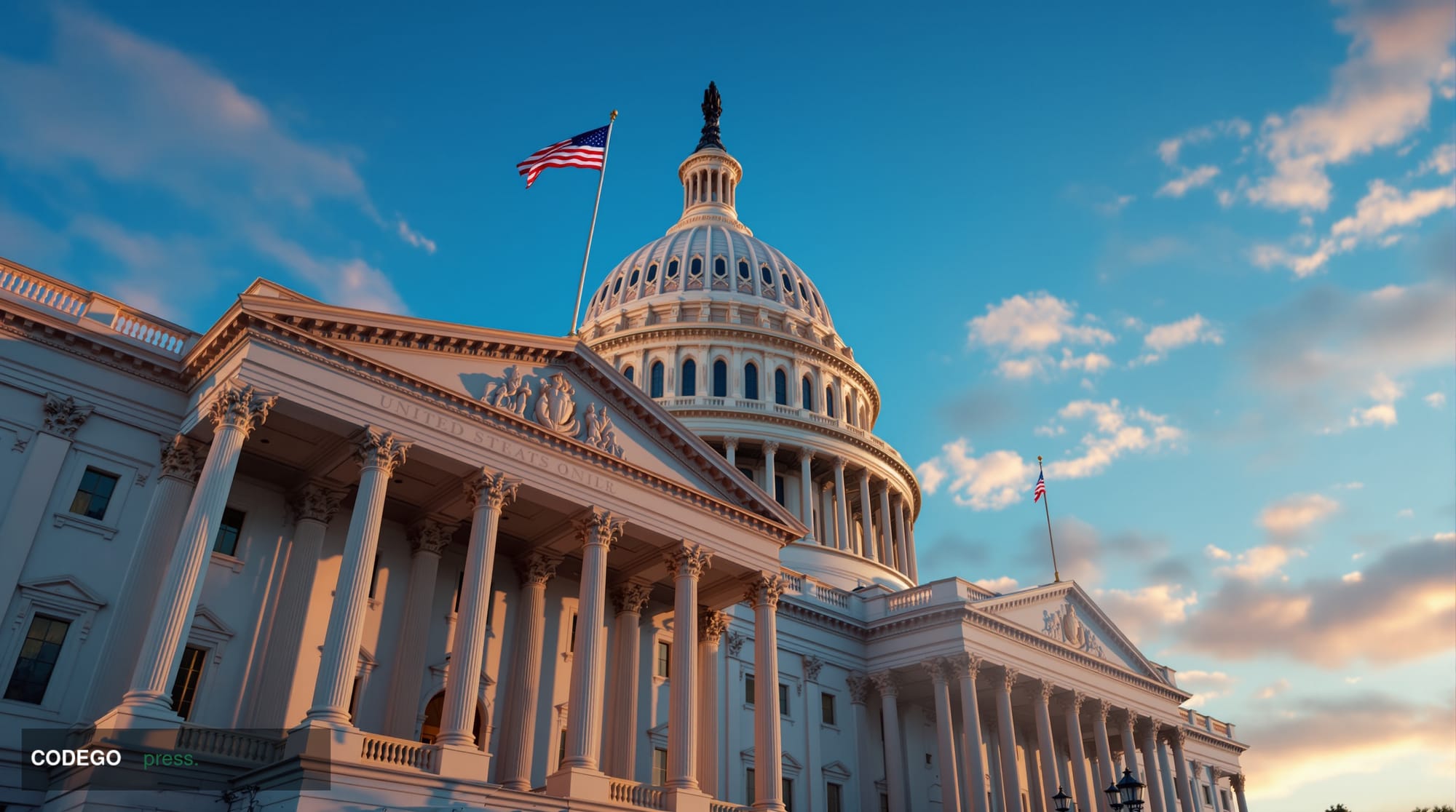 A photorealistic editorial photograph of the United States Capitol building's Senate wing, captured during late afternoon wit
