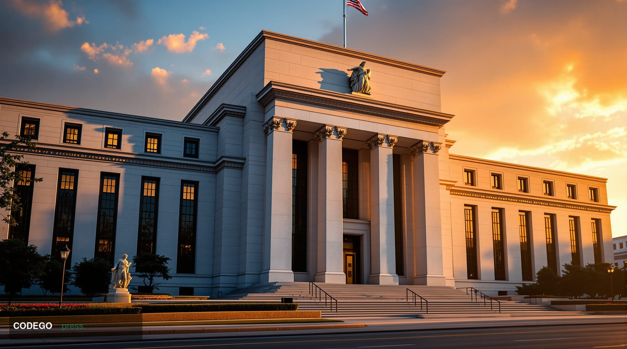 Photorealistic editorial photograph of the Federal Reserve building's iconic neoclassical facade in Washington DC, captured d