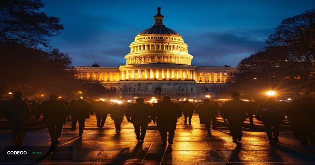 A dramatic photorealistic editorial photograph capturing the urgency of pending cryptocurrency legislation at the U.S. Capito