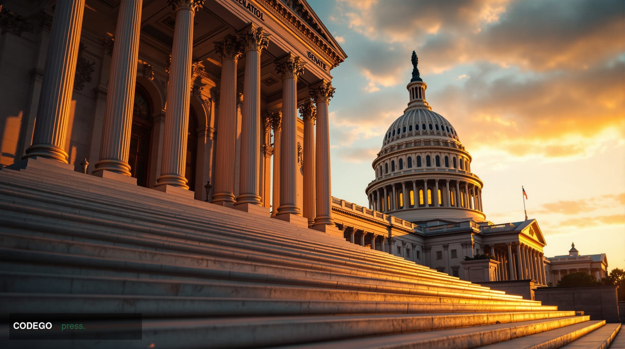 A photorealistic editorial photograph of the United States Capitol Building's Senate wing at golden hour, shot from a low ang