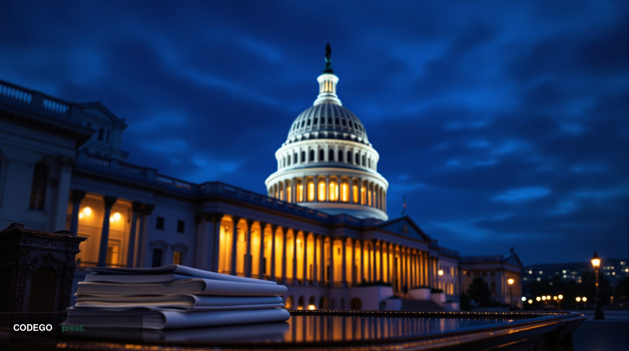 A dramatic nighttime photograph of the United States Capitol Building illuminated against a deep blue twilight sky, with warm