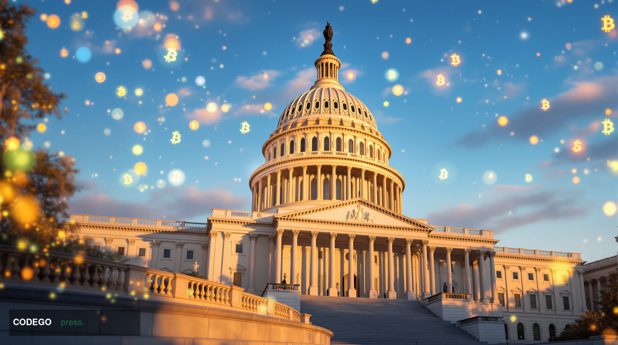 A photorealistic editorial photograph of the United States Capitol building's iconic dome and neoclassical architecture, shot