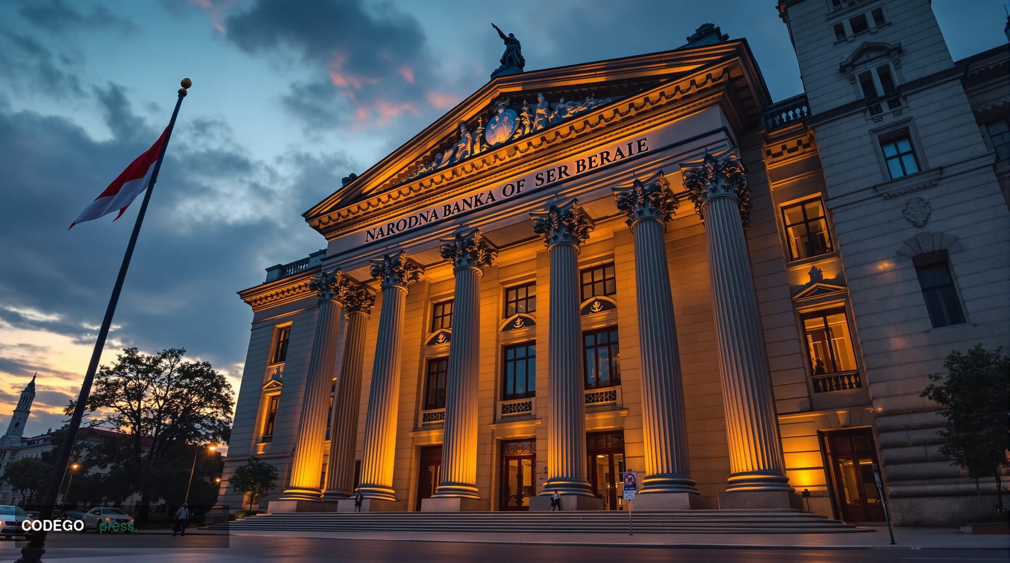 A cinematic editorial photograph capturing the imposing neoclassical facade of the National Bank of Serbia headquarters build